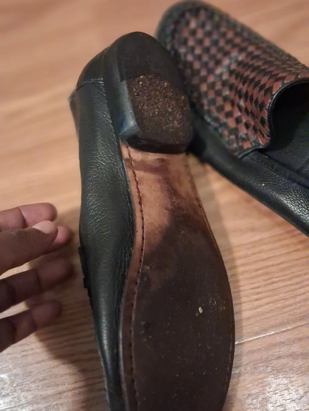 Cole Haan Black Leather Loafers with Brown Woven Vamp